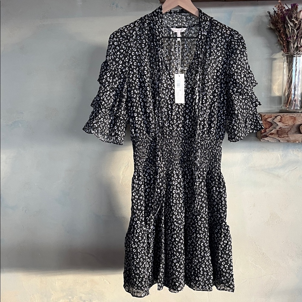 NWT Rebecca Taylor Mini Cheetah Ruffle Clip Dress in silk blend